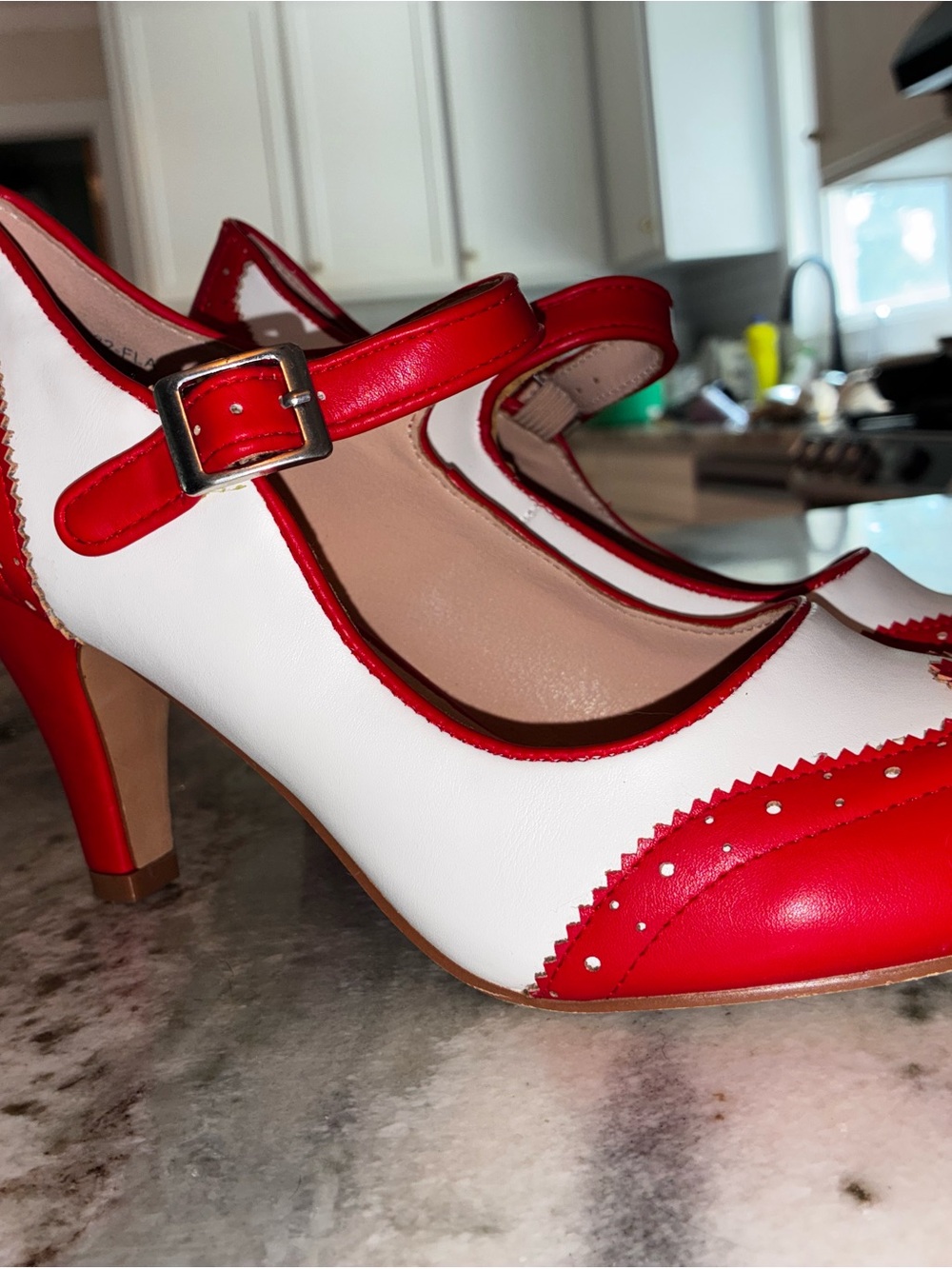 Classic Mary Jane Pumps, 1950’s Rdtro in White and Red, size 9. Comfortable